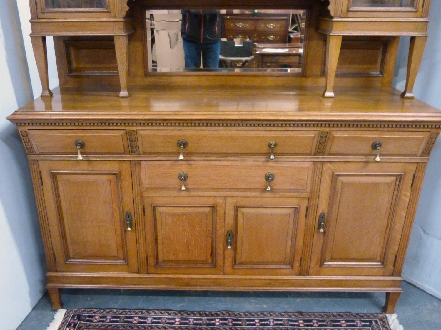 Oak Art Nouveau style dining room suite comprising a dresser, the upper section enclosed by glazed - Image 2 of 8