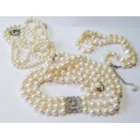 Cultured pearl three-strand necklace with paste-set square cluster, a baroque pearl single-strand