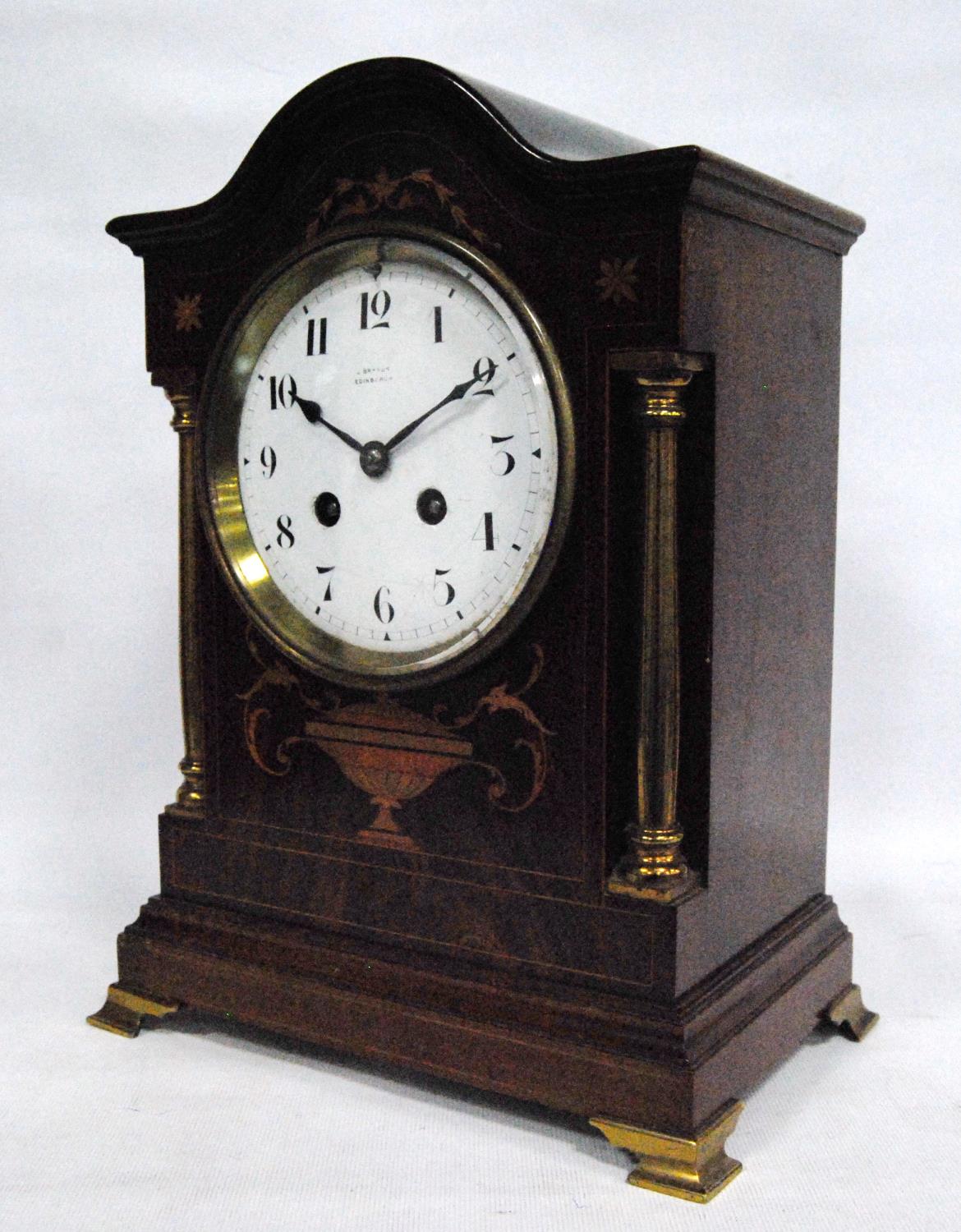 Mahogany and inlaid mantel clock by J Bryson, Edinburgh, the arched pediment over circular white - Image 2 of 5