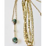 Gold pendant with two blue zircons, a pearl between, upon a knife edge, probably 15ct, also a gold