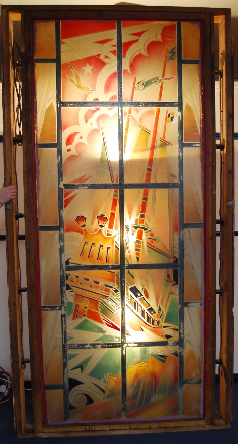 Large Art Deco painted glass cinema panel depicting a sailing ship, decorated in greens and oranges, - Image 10 of 10