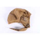 WWII era canvas flying helmet with label for Selfridge of London (Hat Specialists) with white