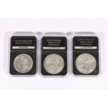 Three PCG Stamps & Coins UNITED STATES OF AMERICA USA silver dollars including 1921 Morgan dollar