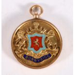 Enamelled 9ct gold fob medal, the obverse with the seal or arms of the town of Bonnyrigg,