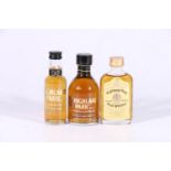 Three HIGHLAND PARK single malt Scotch whisky miniatures including old style 12 year old 10cl 40%