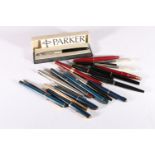 A collection of Parker fountain pens, ballpoint pens and pencils including Parker Lady, "17"