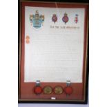 A framed Grant of Arms certificate for Sir Israel Hart 1896