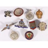 Silver and enamel Royal Artillery sweetheart brooch, an RAF wings brooch, League of Youth enamel
