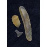 Neolithic- Collection of stone age flint tools including two knives and an arrowhead. The largest