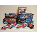 Vintage Chinese Mechanical tinplate toys to include two Great Flying Boats MF-742, a Ship Space ME-