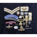 lot to include WW2 badges, buttons and shoulder patches to include a parachute regt badge, two