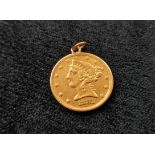 USA- 1881 coronet head $5 gold coin with soldered pendant loop. 8.4g gross.