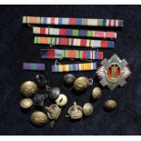 Collection of military buttons, cap badges and medal ribbons to include Royal Scots buttons &