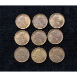 USA. Nine Lincoln Wheat Cents all 1909 all in excellent condition with fiery toned lustre. (9)