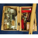 Two boxes of vintage model railway engines, scenery & rolling stock to include Hornby Dublo
