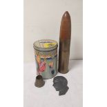 Lot to include a ROC trench art desk vase, a 1943 75mm artillery shell with wooden nose cone, a