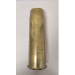 WW1- Engraved brass trench art vase formed from a 1914 German shell case. The shell is entitled "