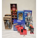 Vintage mechanical tin plate toys to include Schylling Rover the Space Dog, Space Man, Atomic Robo