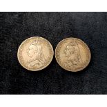 United Kingdom- two 1892 Victorian jubilee head silver crowns .925 grade. 55.9g gross.
