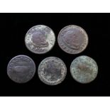 Malta. Five 18th century coins to include three 10 Grani 1748-1776 and two Three Tari coins both