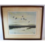 PETER SCOTT.  Signed colour print "Pintails dropping in with a rush" (ducks in flight over an
