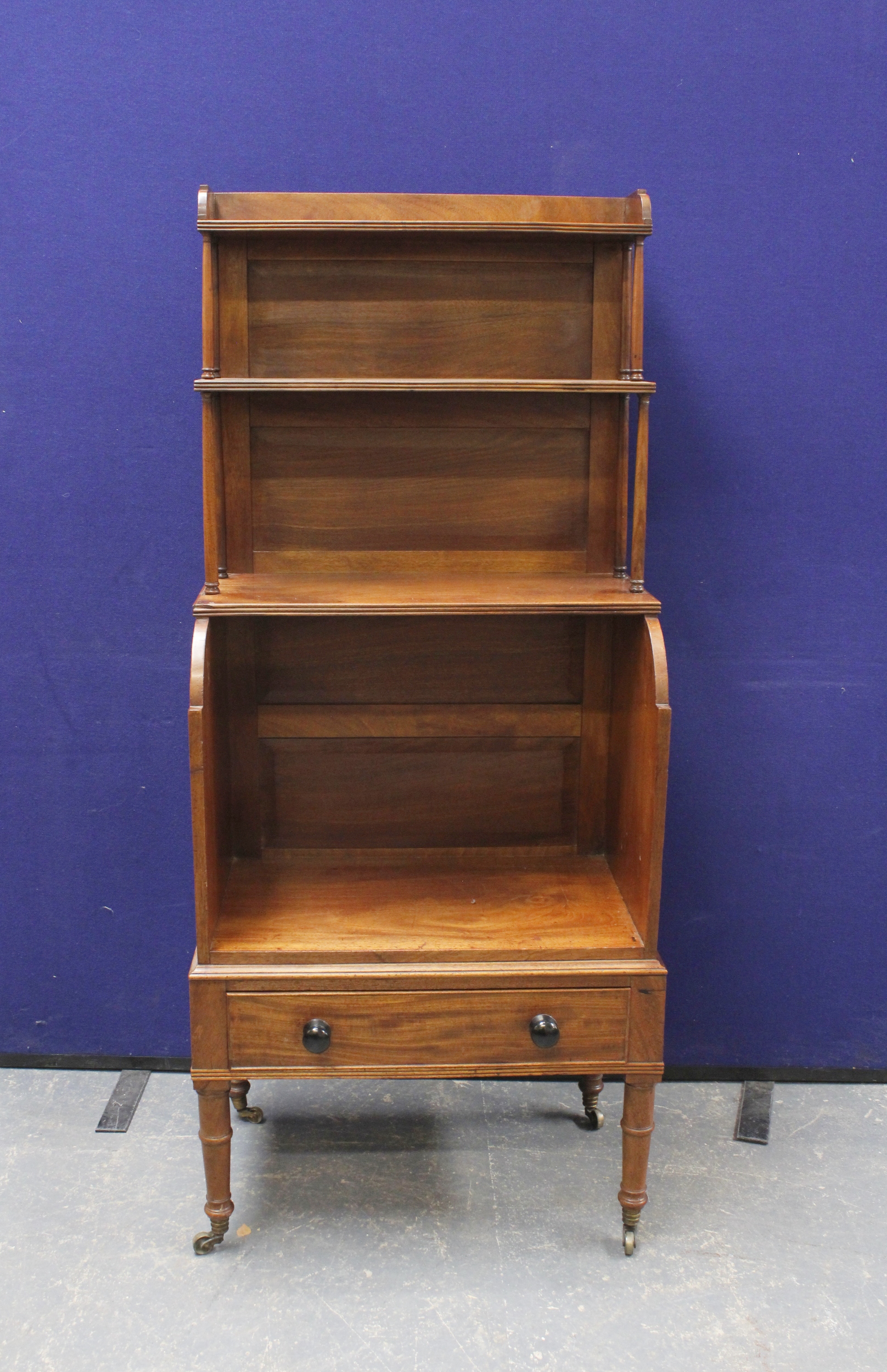 19th century mahogany three tiered stepped book case with base drawer, on turned supports. 143cm - Image 2 of 4