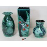 Three Anita Harris Studio Pottery vases: one of tapered square form surmounted by a figure of a frog