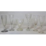 Small collection of six antique drinking glasses comprising: rummer with faceted tapered bowl on