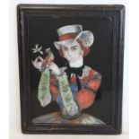 19th century Chinese School reverse painting on glass portrait of a European lady holding a bird,