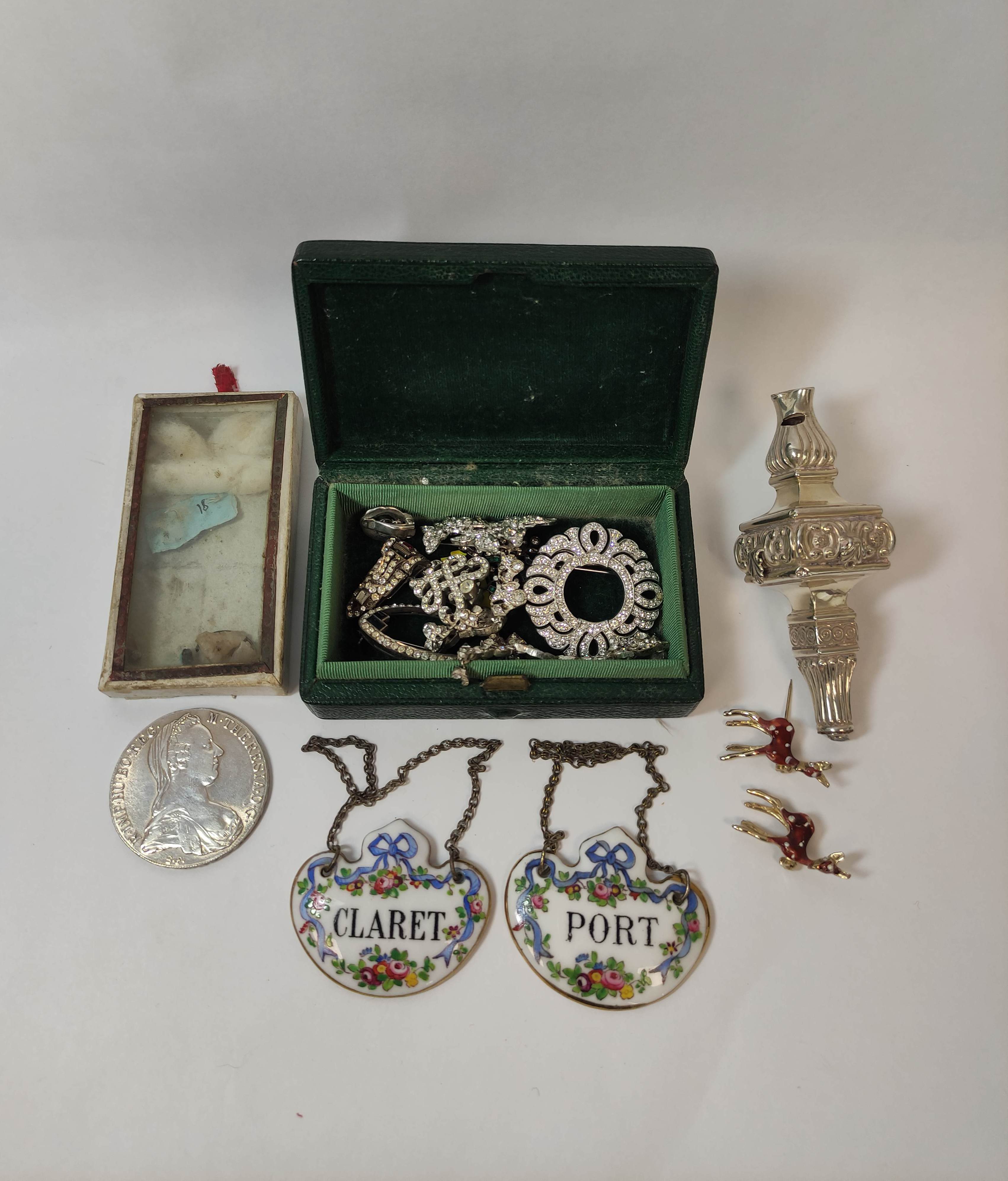 Antique paste brooch, another Art Deco, seven similar items, two 'bambi' brooches, a rattle (a.f),