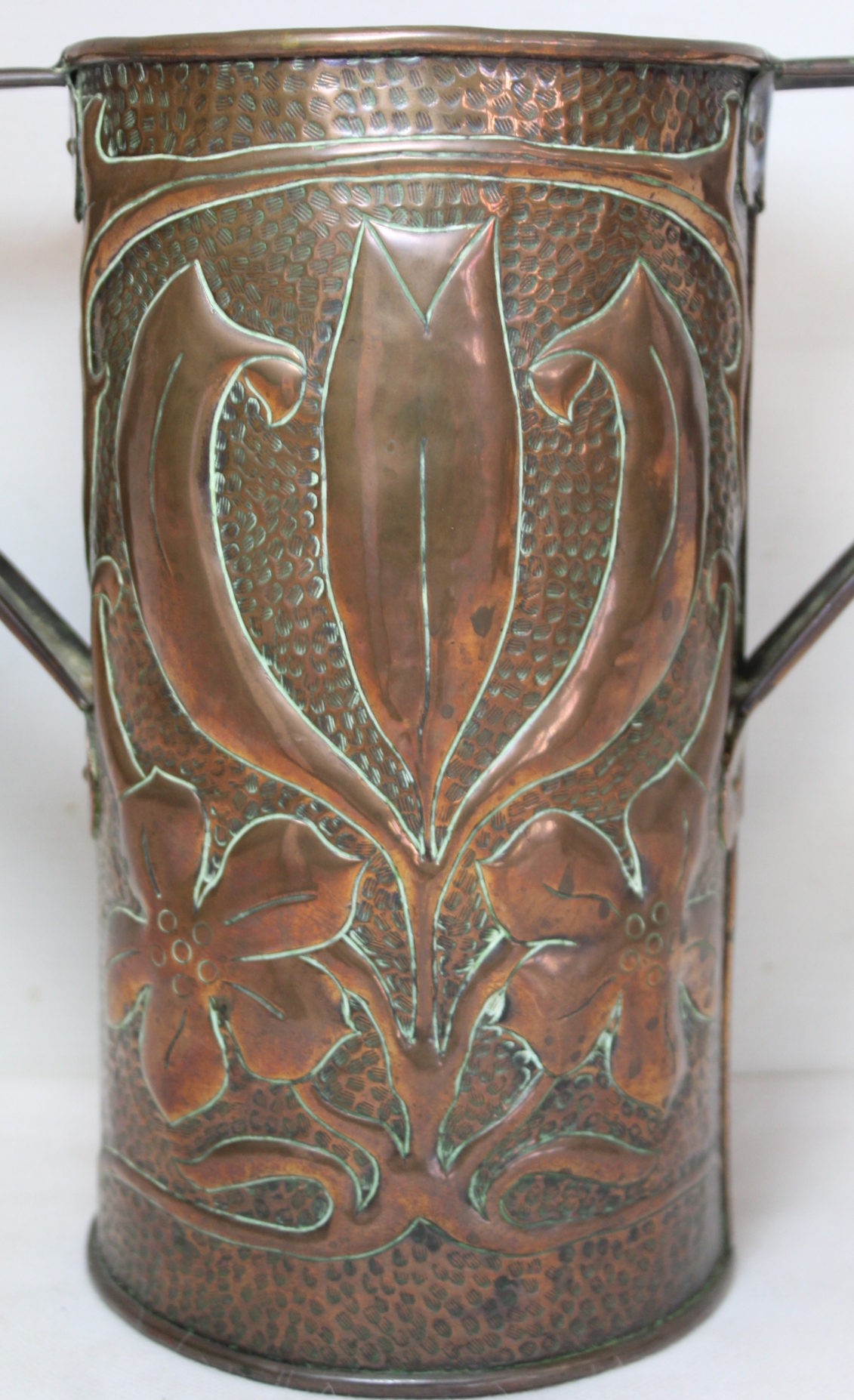 Arts & Crafts copper vase of twin handled cylindrical form, possibly Fivemiletown, with floral and - Image 2 of 9