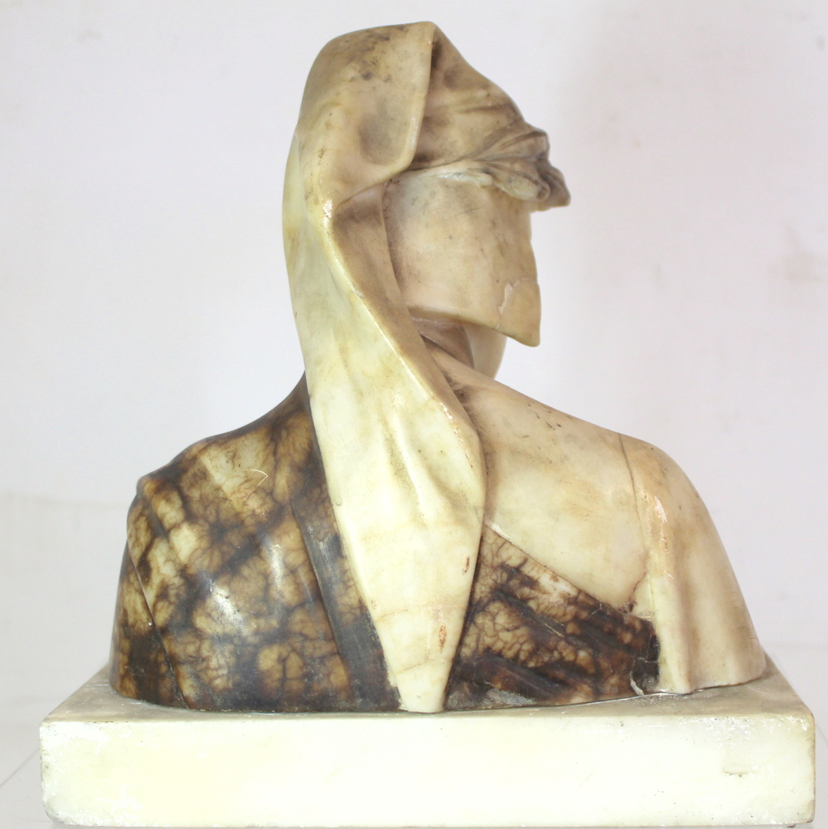 Antique carved alabaster bust of Dante on rectangular plinth base (detached), 23cm high. - Image 8 of 15
