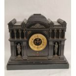 Large French mantel clock with visible Brocot escapement in black Namur marble case of architectural