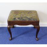 Antique walnut stool in the Georgian manner with gros and petit point needlework seat depicting