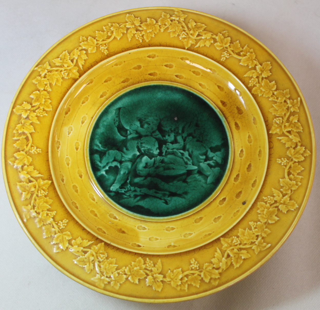 A. J. Adams & Co., Staffordshire Majolica dessert service with central green glazed circular - Image 9 of 12