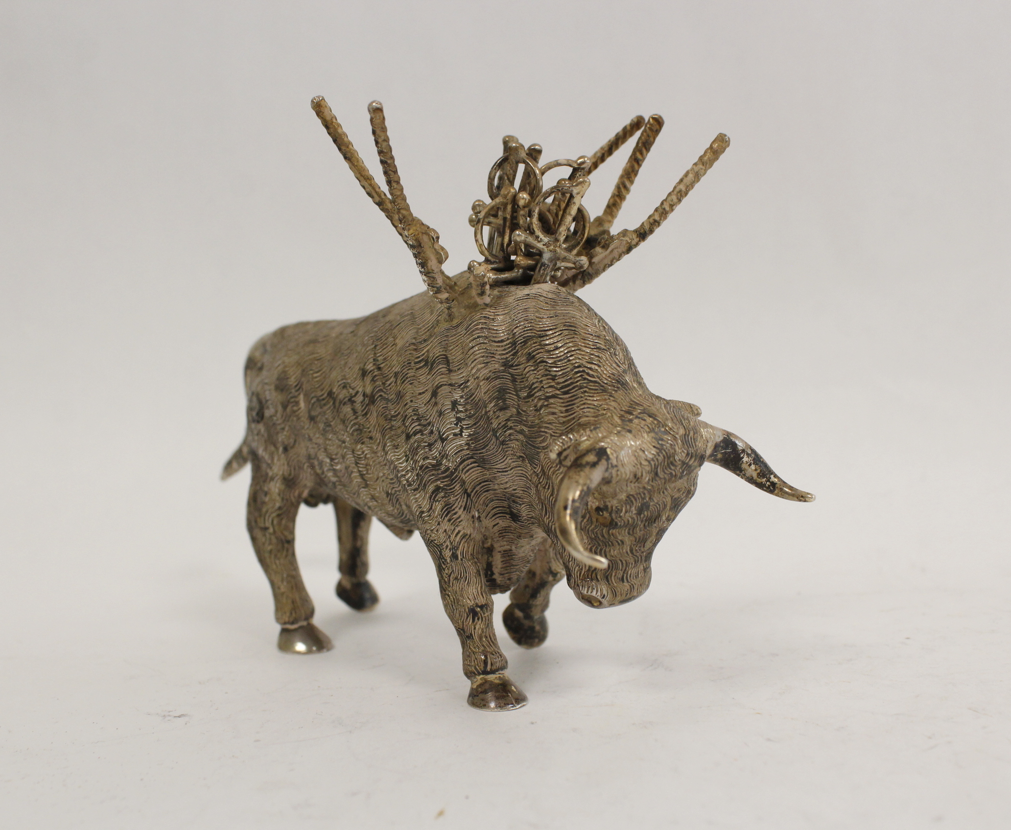 Spanish silver cocktail stick holder modelled as a bull with muleta and swords 'Sterling 925'