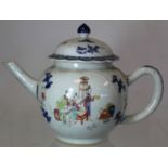 18th century Chinese porcelain teapot of globular form with two panels of figures in domestic scenes