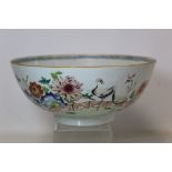 Large late 18th century Chinese famille rose porcelain bowl, the exterior decorated with cranes in a