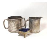 Silver engraved sugar bowl and milk jug, Edinburgh 1919 and Sheffield 1878, 372g.