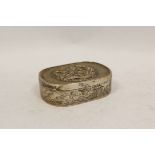 Chinese silver box of rounded rectangular shape, engraved, the cover with embossed dragons,
