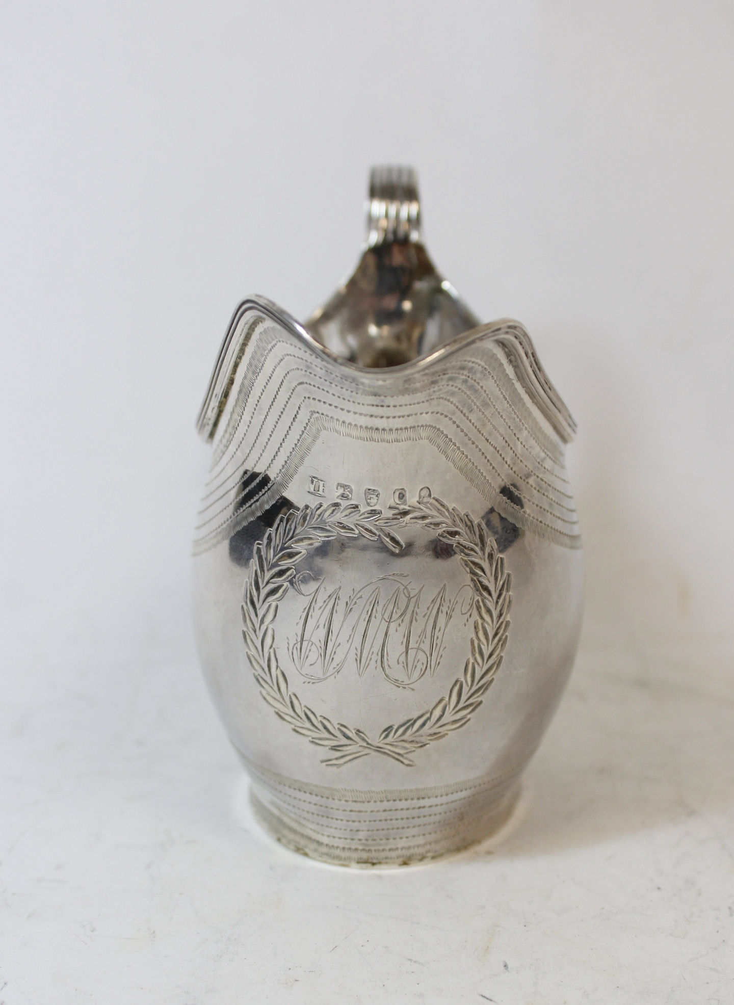 Silver cream jug of ovoid shape with initialled cartouche and pin struck bands by William Hall, - Image 3 of 5