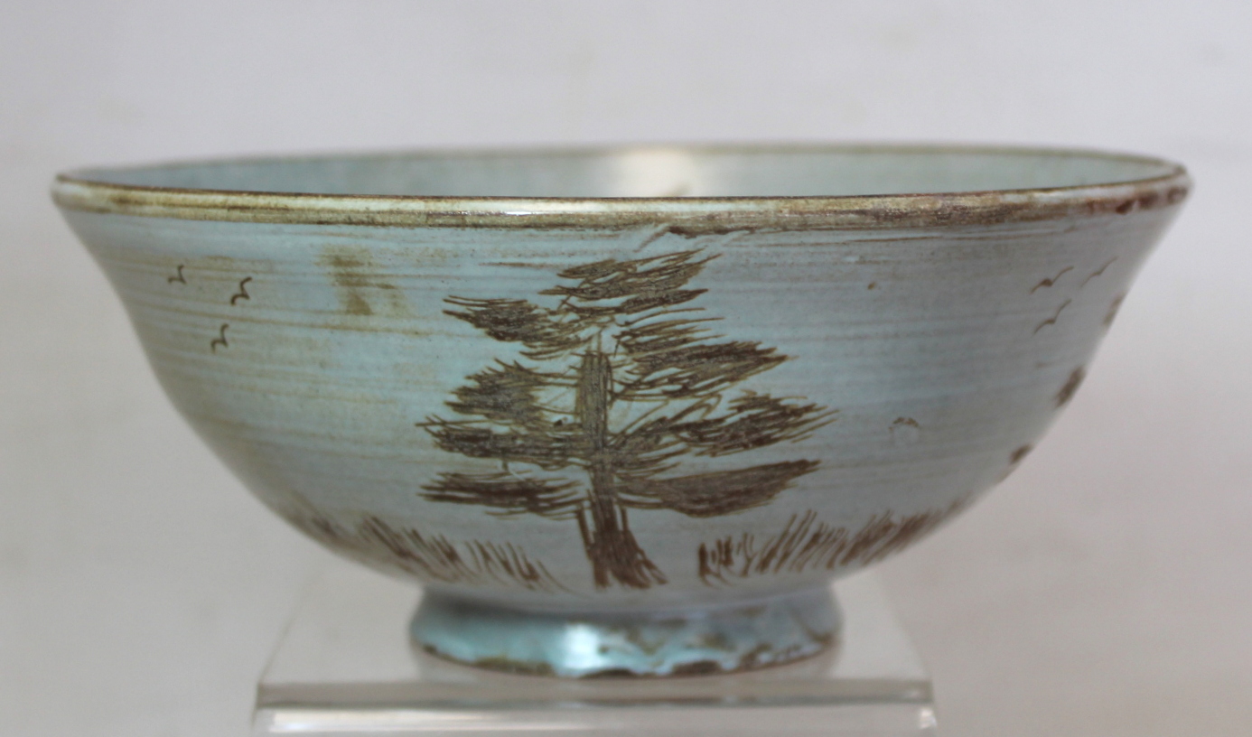 Two studio pottery small circular bowls, both with sgraffito decoration of trees, one with duck - Image 2 of 9