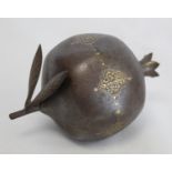 Eastern damascened metal model of a pomegranate, 16cm long.