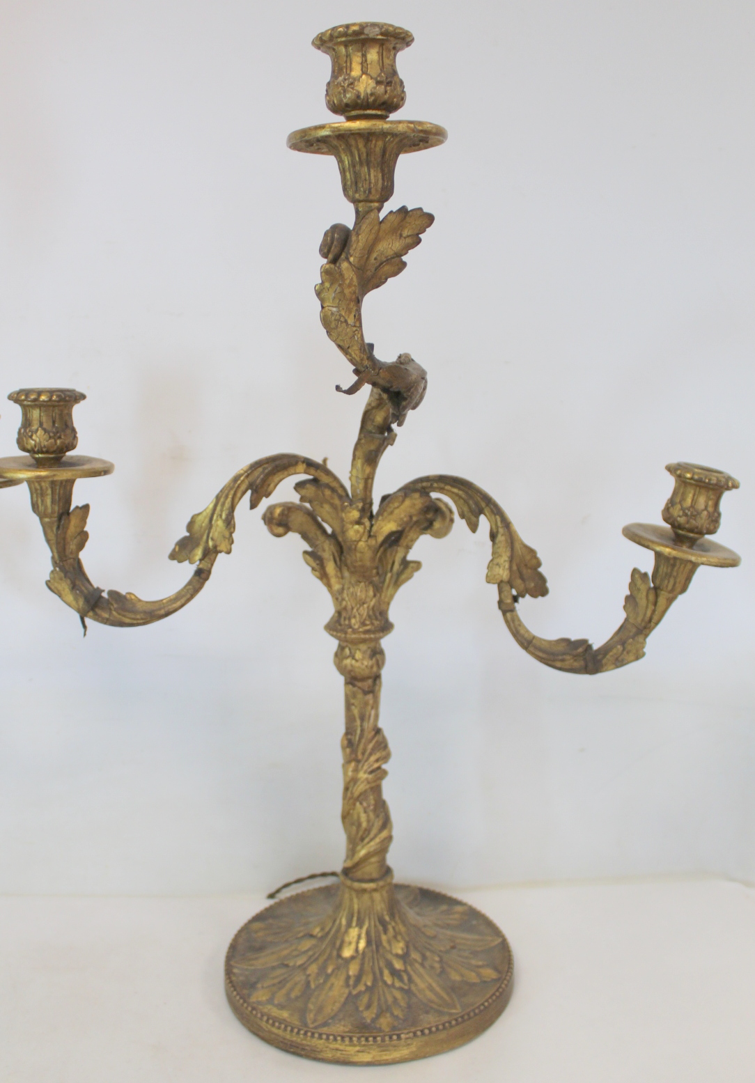 Pair of giltwood candelabra, each with three sconces on circular drip trays and scrolling foliate - Image 3 of 26