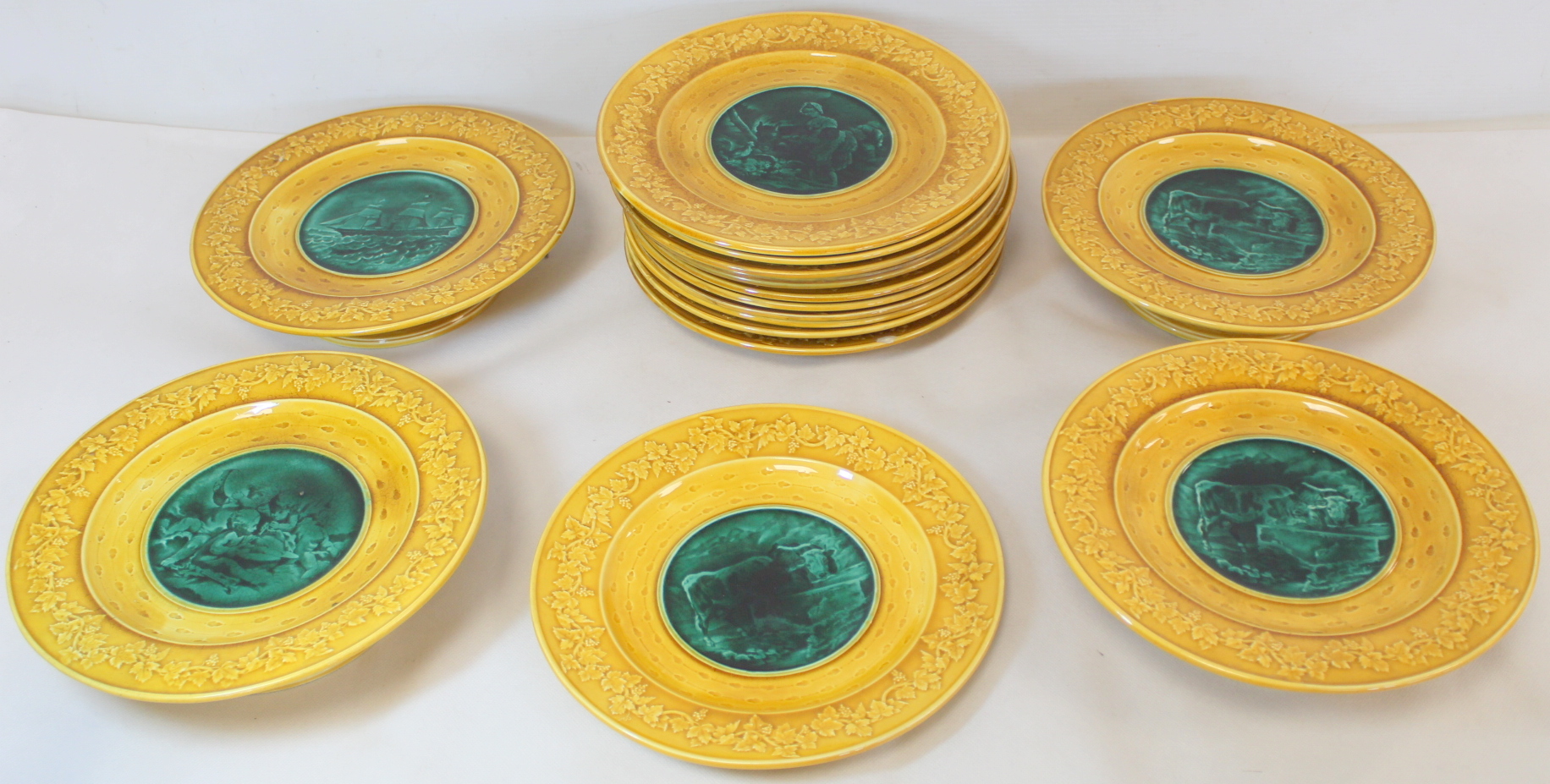 A. J. Adams & Co., Staffordshire Majolica dessert service with central green glazed circular