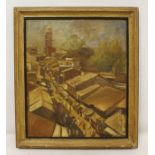 MID 20TH CENTURY INDIAN SCHOOL Lonar Bazar, Bhopal. Oil on board. 46.5cm  x 39cm. Indistinctly