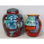 Large Poole Pottery ovoid covered ginger jar with abstract red and blue decoration, 32cm high,