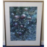 MOIRA FERRIER (MODERN SCOTTISH). Waterlilies II. Watercolour. 74cm x 54cm. Signed, Ancrum Gallery