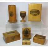Six items of Mauchline Ware depicting scenes on Skye, comprising: spill vase, 12cm high; egg cup,