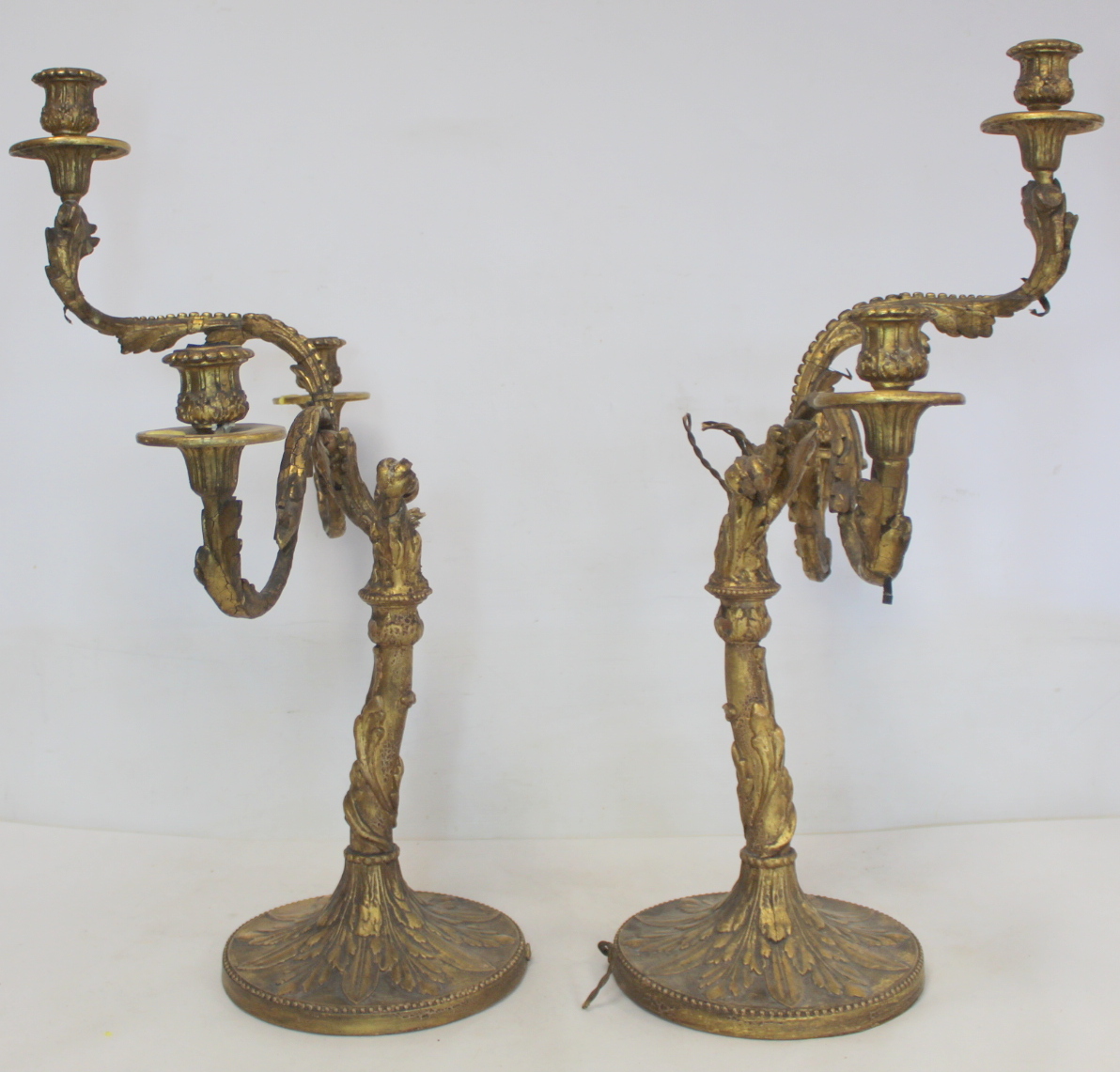 Pair of giltwood candelabra, each with three sconces on circular drip trays and scrolling foliate - Image 4 of 26